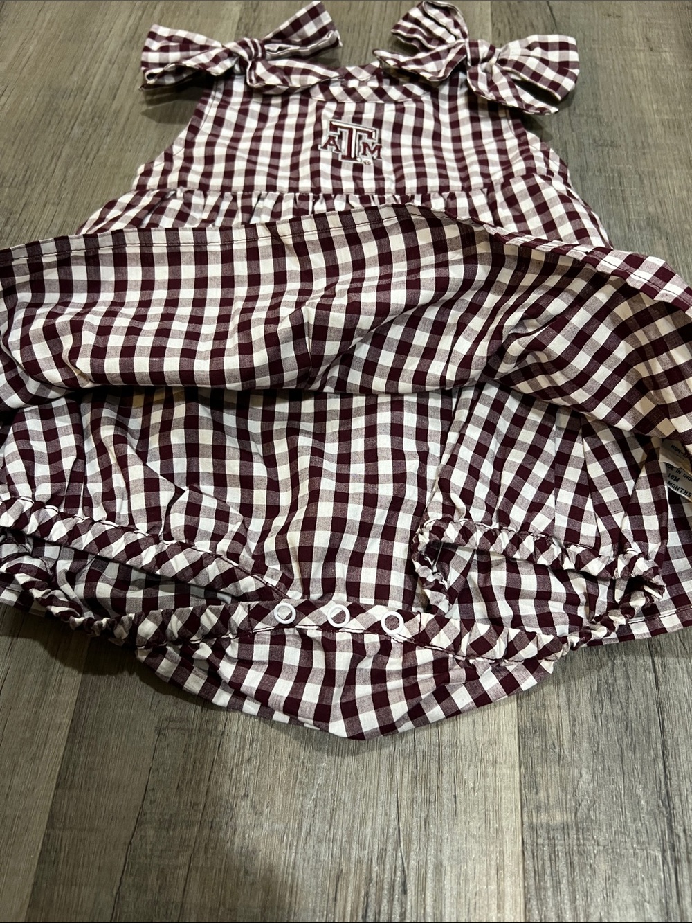 Maroon & White Gingham Texas A & M dress with built in bloomers size 12-18M - Picture 4 of 6